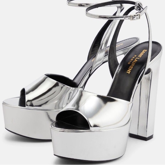 NWT SAINT LAURENT Jodie Metallic 135 Patent Leather Platform Sandals Silver 39.5 - Picture 2 of 15